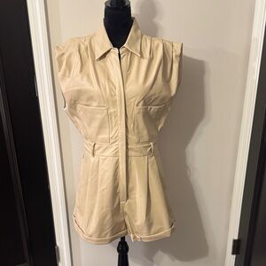 Grey Lab Los Angeles Faux Leather Utility Romper Beige Size L
